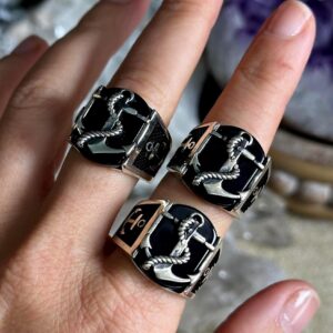 Obsidian Anchor Ring: Unisex Sailor Jewelry .925 Sterling Silver
