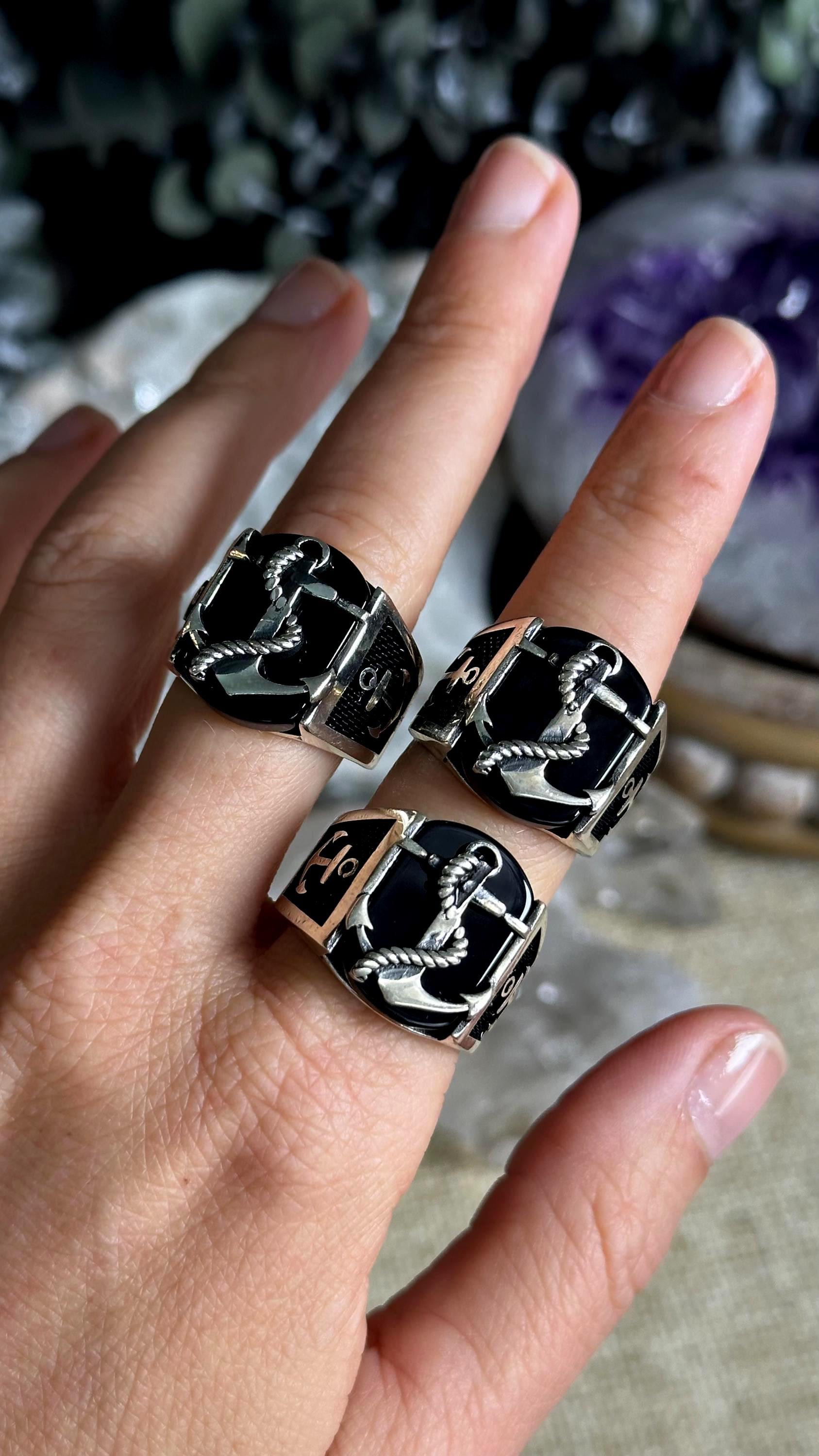 Obsidian Anchor Ring: Unisex Sailor Jewelry .925 Sterling Silver Obsidian Anchor Ring: Unisex Sailor Jewelry .925 Sterling Silver
