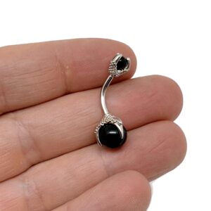 Obsidian Belly Button Ring - Silver Stainless Steel - Delicate Natural Stone Piercing - Navel Piercing - NC1720