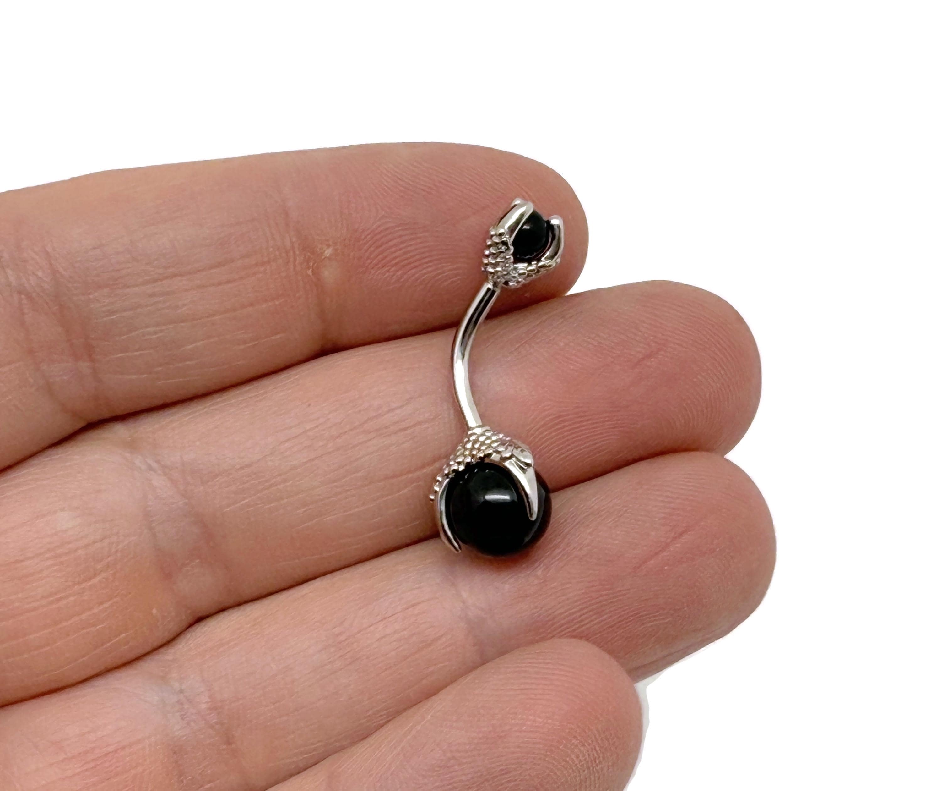 Obsidian Belly Button Ring - Silver Stainless Steel - Delicate Natural Stone Piercing - Navel Piercing - Nc1720