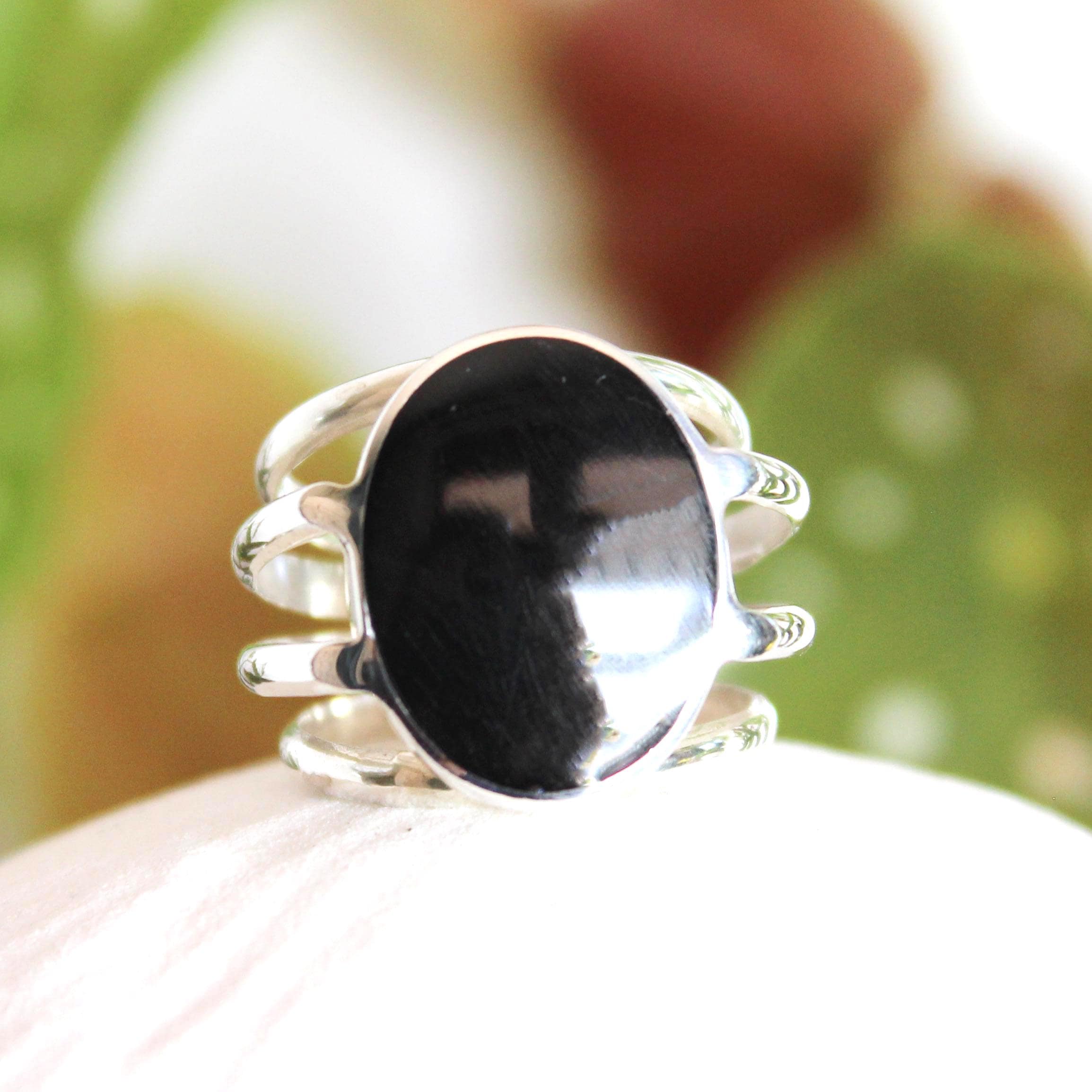 Black Obsidian 950 Sterling Silver Ring, Oval Cab Stone, Size 7-7.5