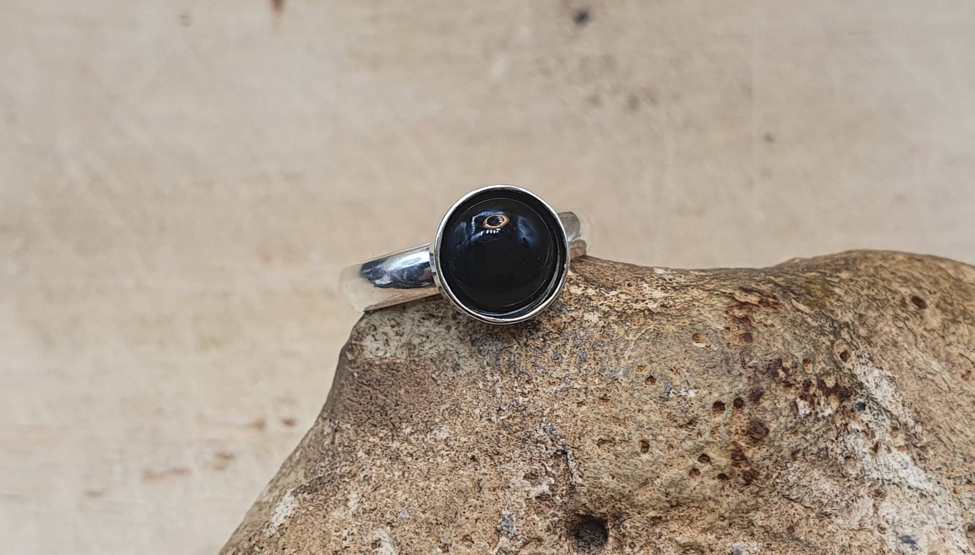 Black Obsidian Adjustable Ring. Minimalist 925 Sterling Silver Rings For Women. Reiki Jewelry Uk. Black Semi Precious Stone 8mm.