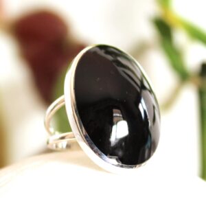 Black Obsidian Sterling Silver Ring, Oval Cabochon, Andes Stone