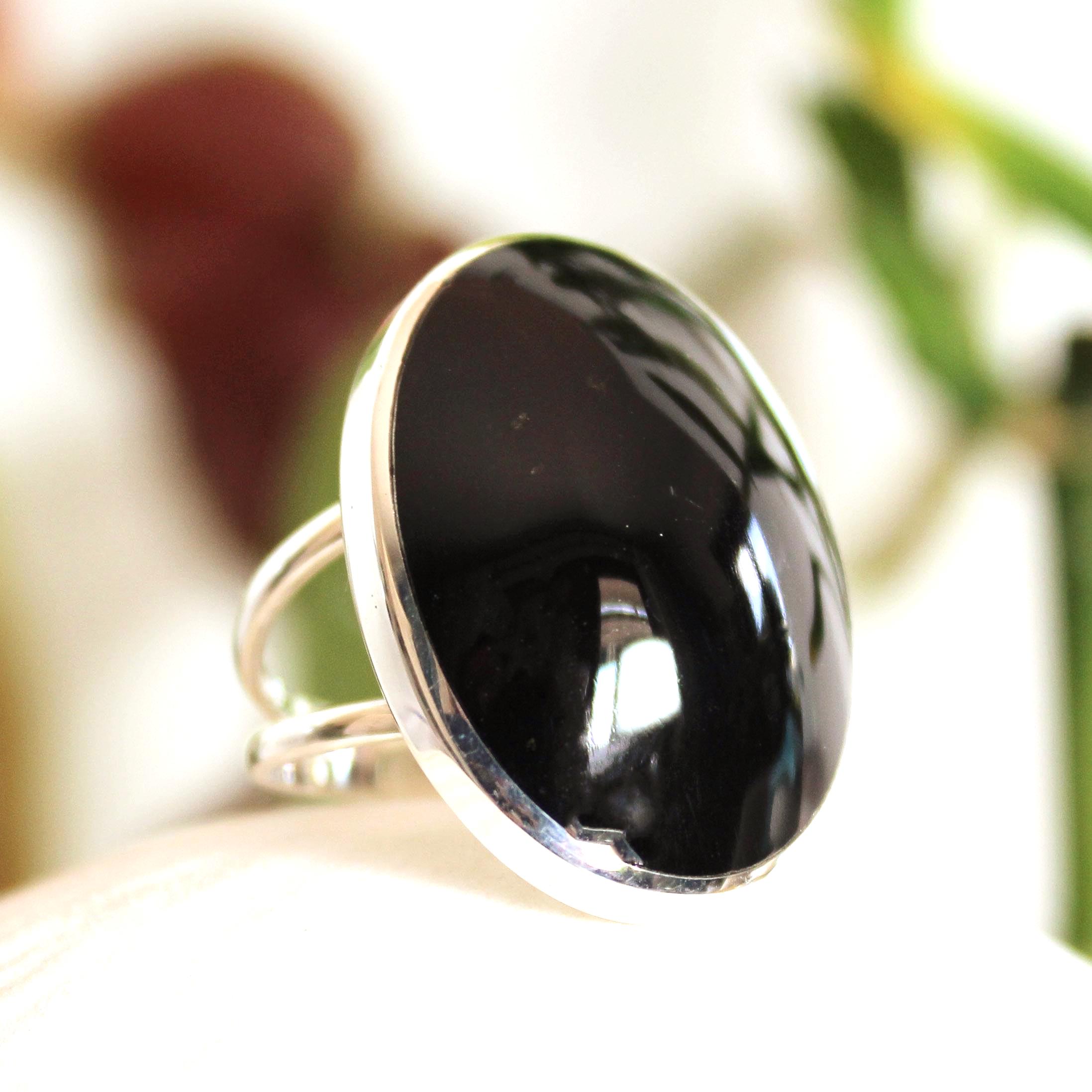 Black Obsidian Sterling Silver Ring, Oval Cabochon, Andes Stone