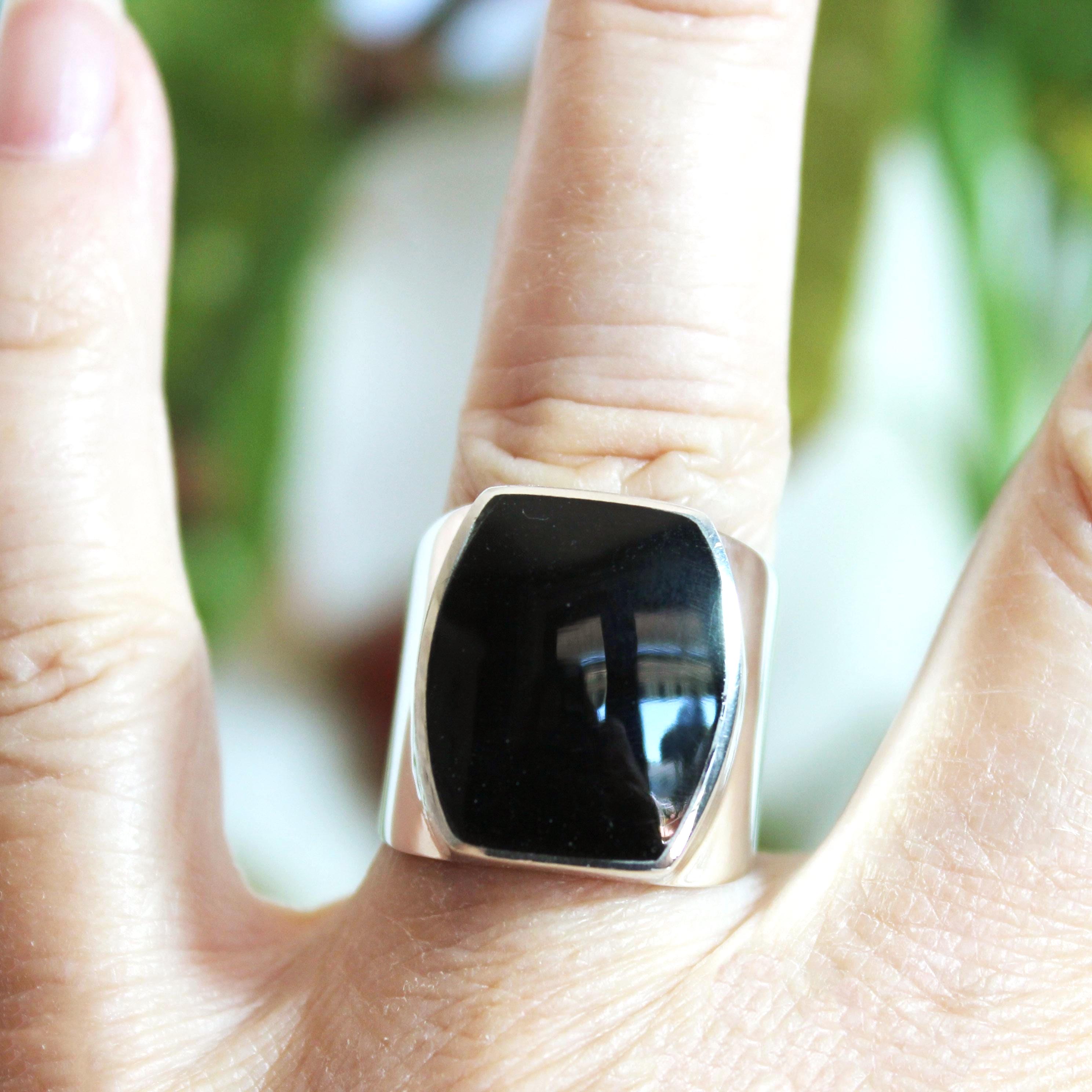 Black Obsidian Sterling Silver Ring, Unisex, Size 7-7.5