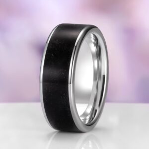 Black Obsidian Tungsten Ring • 8mm Men’s Wedding Band • Tungsten Carbide Comfort Fit • Polished Flat Ring • Nature Inspired Men’s Ring