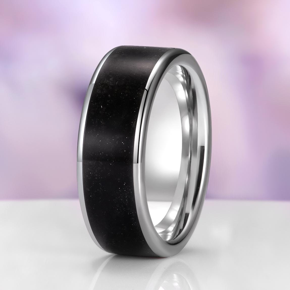 Black Obsidian Tungsten Ring • 8mm Men’s Wedding Band • Tungsten Carbide Comfort Fit • Polished Flat Ring • Nature Inspired Men’s Ring