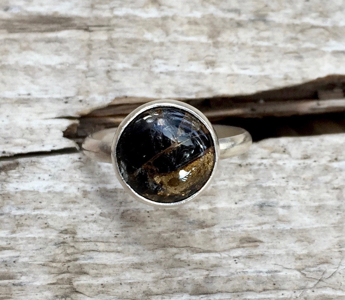 Edgy Minimalist Black Copper Obsidian Sterling Silver Solitaire Ring | Black And Gold Gemstone Ring | Boho | Rocker | Edgy | Goth