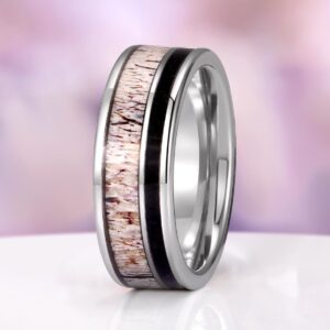 Elk Antler & Black Obsidian Tungsten Ring – 8mm Men’s Wedding Band, Rounded Edge Comfort Fit Rustic Nature Inspired Anniversary Gift For Him