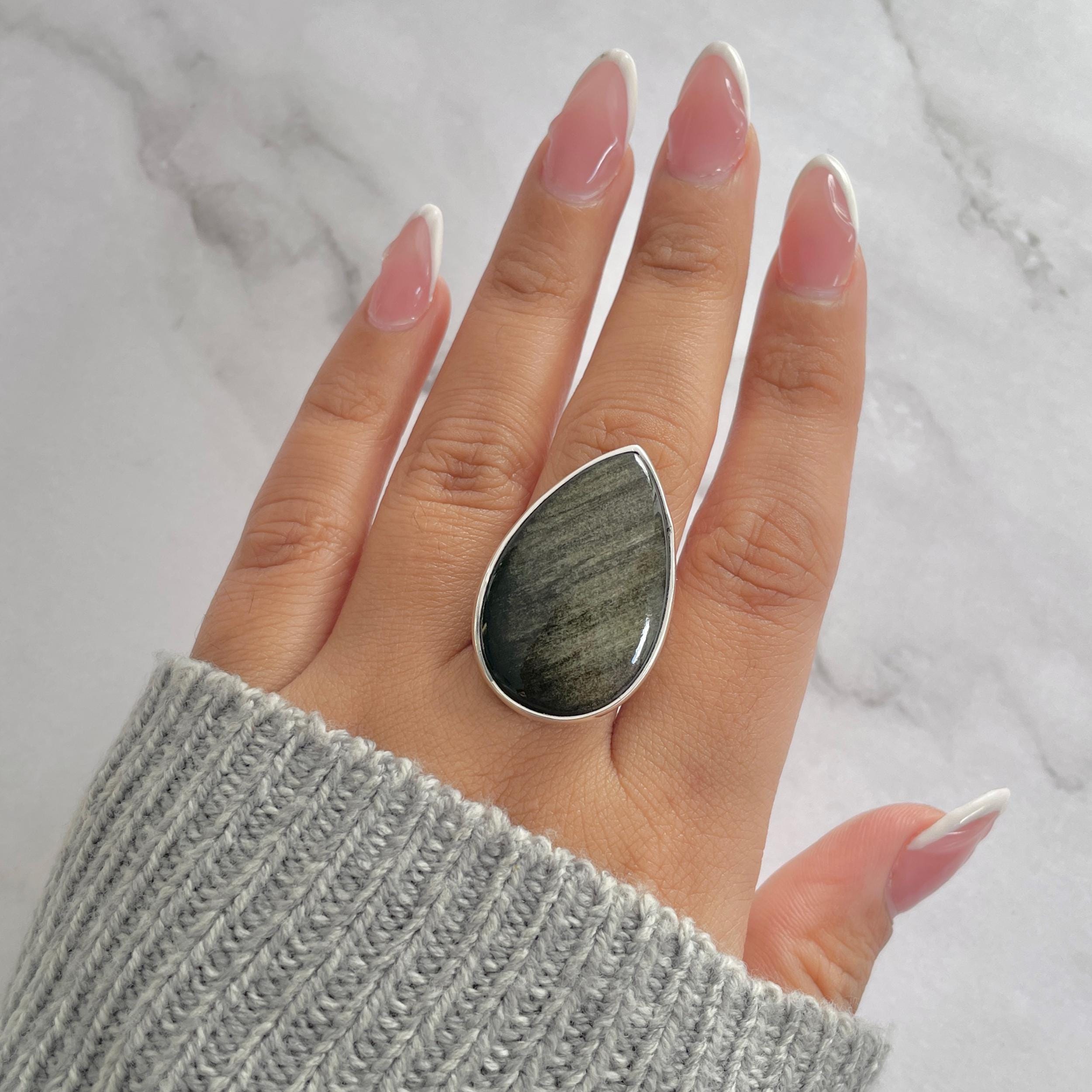 Gold Obsidian Adjustable Ring / 925 Sterling Silver / Healing Gemstone / Gifts For Her / Pear Cab / Gold Obsidian Statement Ring / Gdo-r-5.