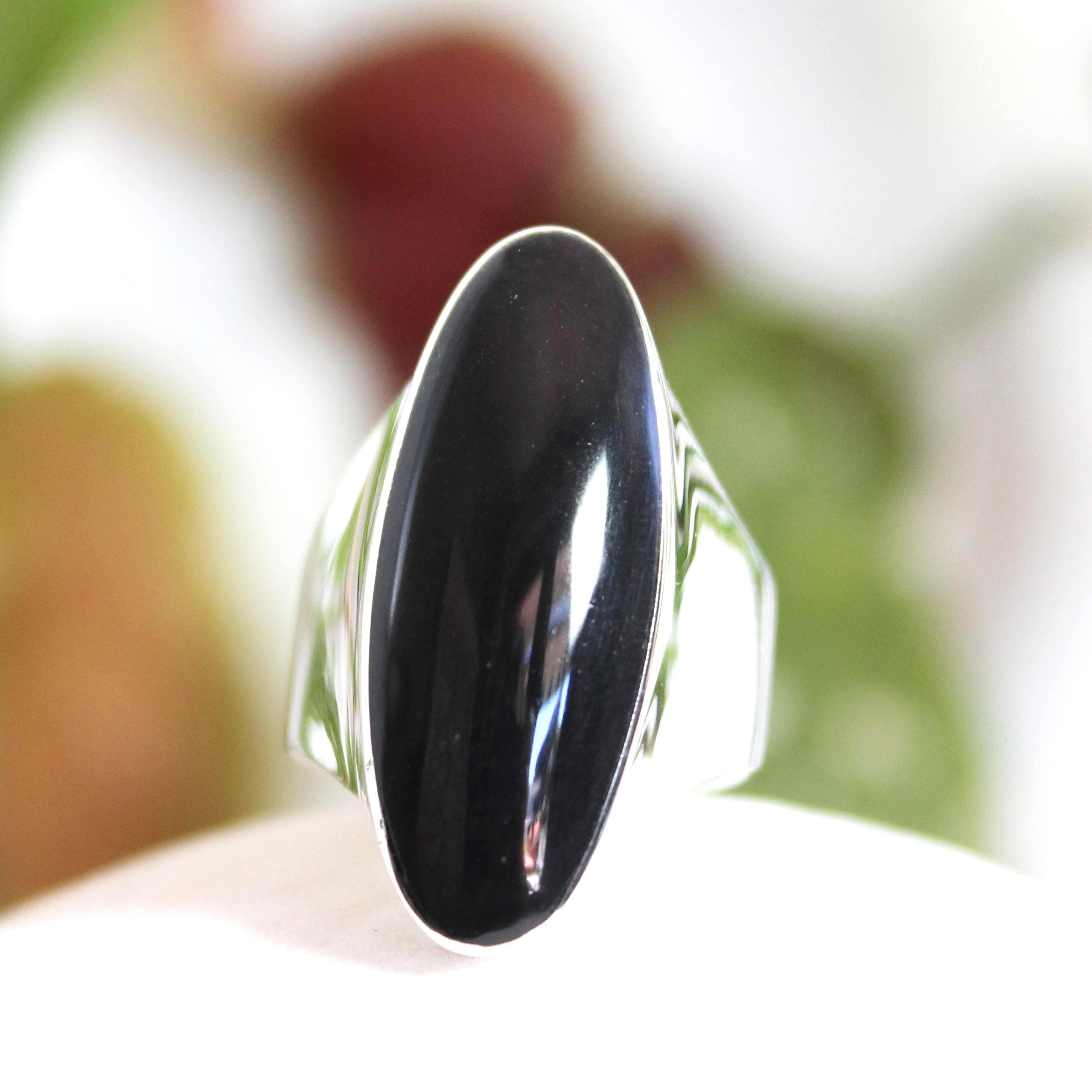 Long Oval Black Obsidian Ring, Sterling Silver 950, Unisex