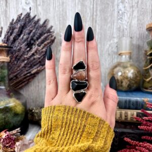 Multi Stone Black Obsidian Sun Stone Ring In Silver Size 10 / Foxlark Collection / Big Crystal Ring