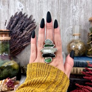 Multi Stone Sea Glass Obsidian Clear Quartz Ring In Silver Size 8/ Foxlark Collection / Big Crystal Ring