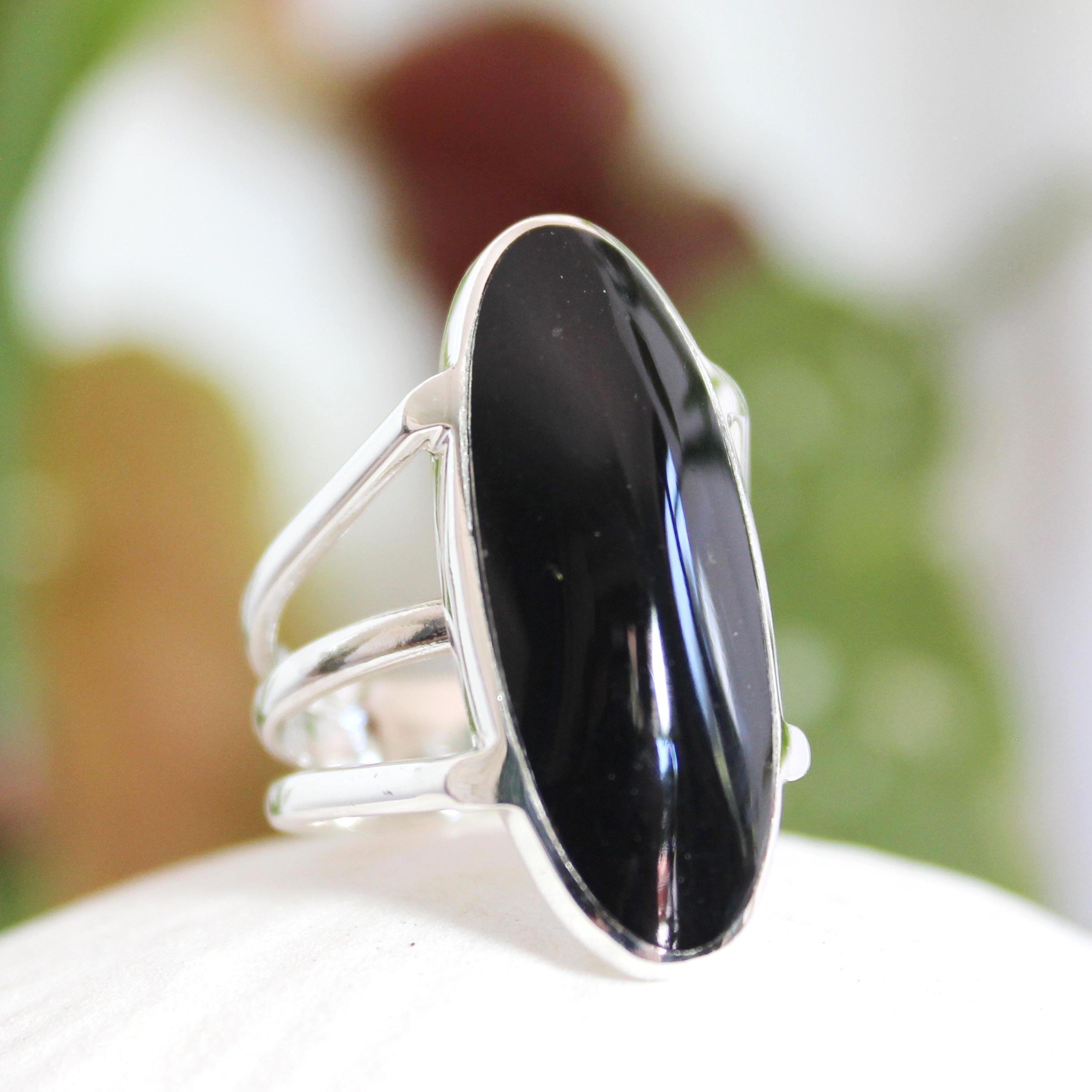 Oval Black Obsidian Ring, Sterling Silver (.950 Quality)