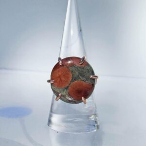 Peanut Obsidian Ring, Copper size 8.25, Round gray red spotted stone