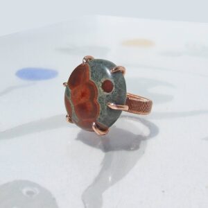 Peanut Obsidian Ring, Copper size 7, Round gray red spotted stone