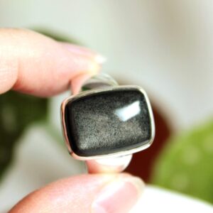 Silver Sheen Obsidian Ring: 925 Sterling Silver Rectangular Stone, Size 9.5 - 10