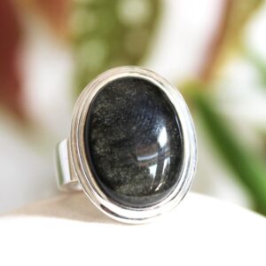 Silver Sheen Obsidian Ring: 925 Sterling Silver Unisex Band, Size 9-9.5