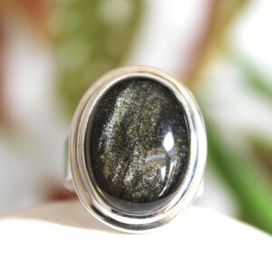 Silver Sheen Obsidian Ring: 925 Sterling Silver Unisex Band, Size 8-8.5