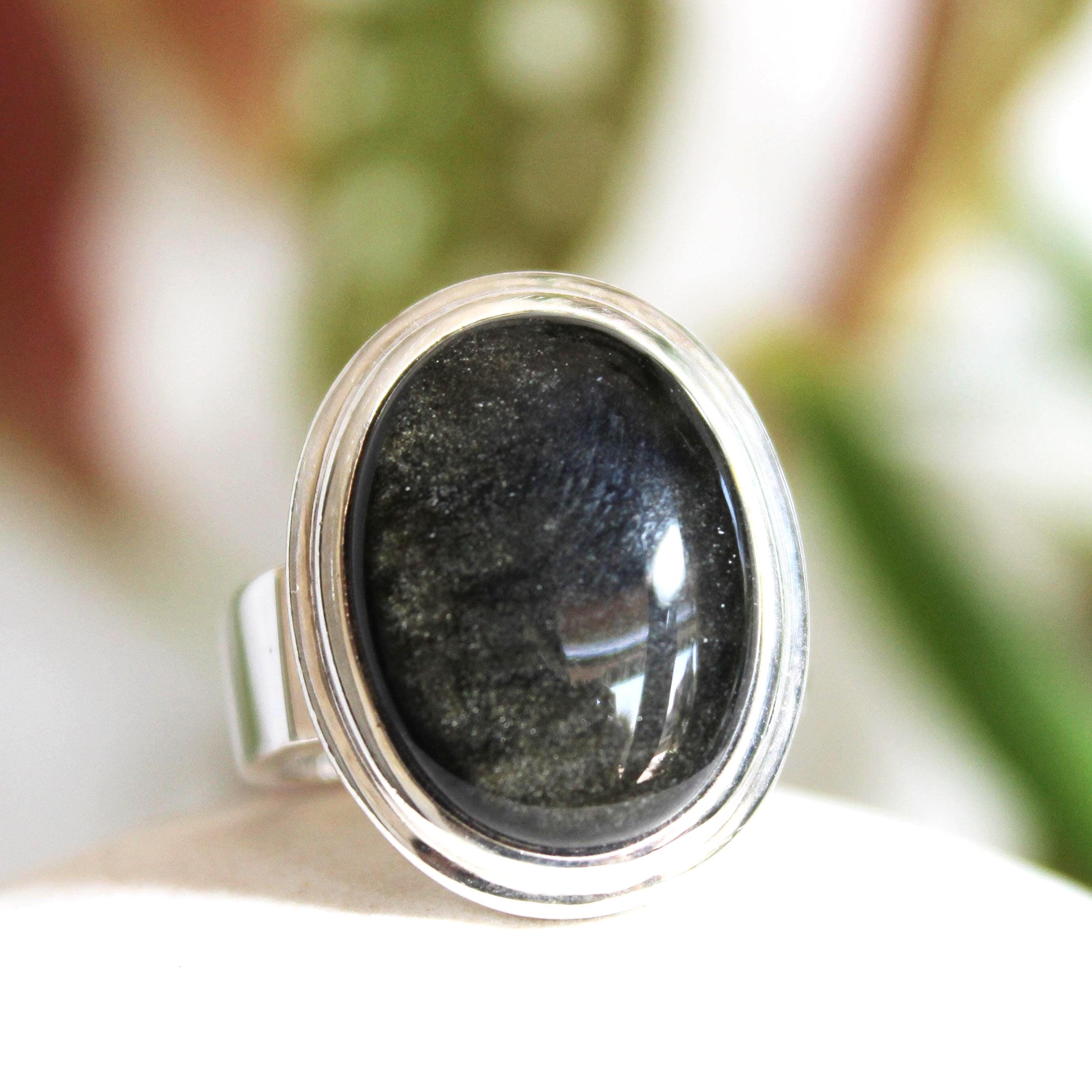 Silver Sheen Obsidian Ring: 925 Sterling Silver Unisex Band, Size 9-9.5