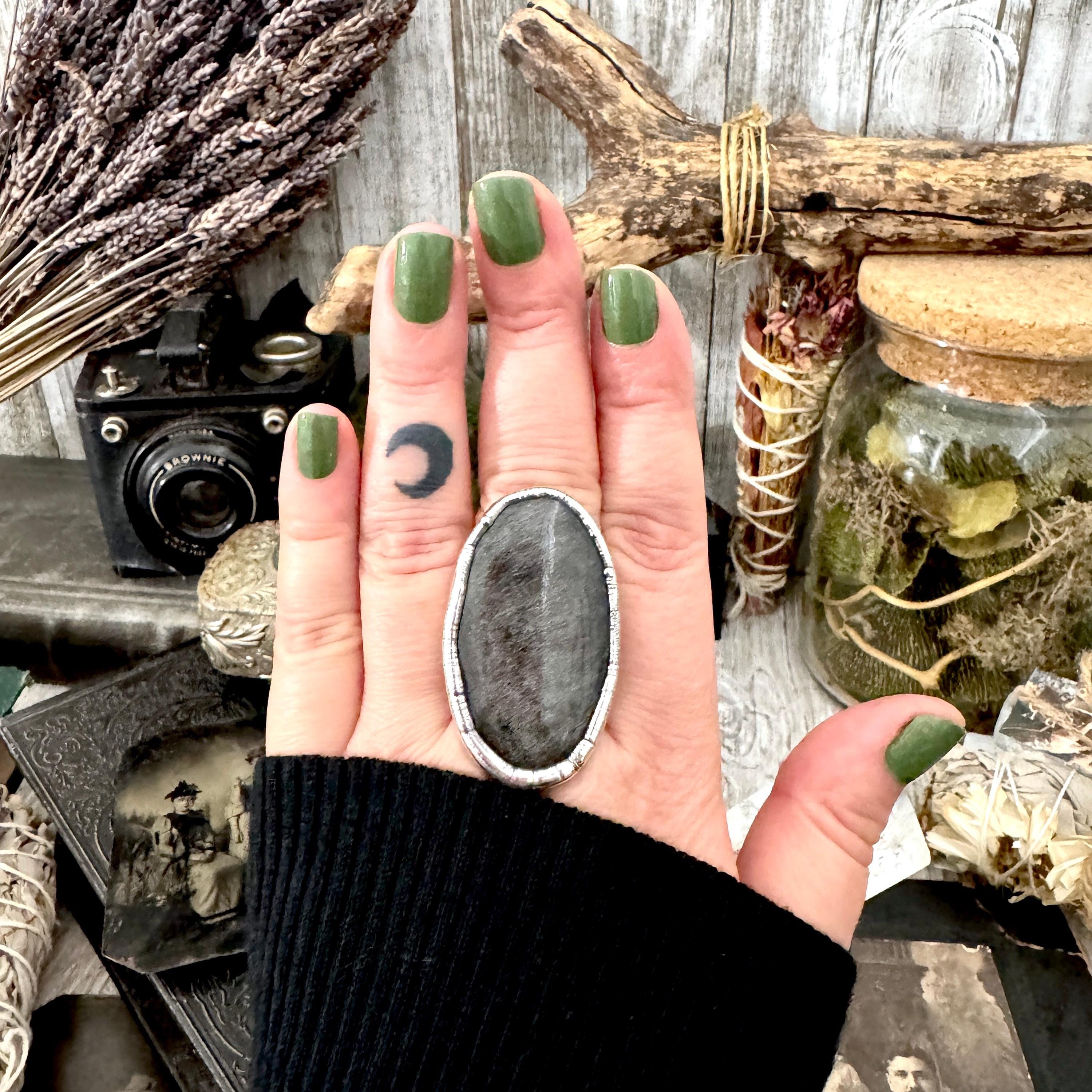 Silver Sheen Obsidian Crystal Ring Fine Silver Size 8.5 / Foxlark Collection - One Of A Kind