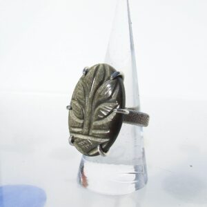 Silver Sheen Obsidian Ring, Silver size 8, Carved oval cabochon, Tree of Life