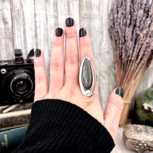 Silver Sheen Obsidian Ring Sterling Silver / Magic Moon Designed By Foxlark Adjustable Size 6 7 8 9 10 / Large Crystal Ring Goth Jewelry