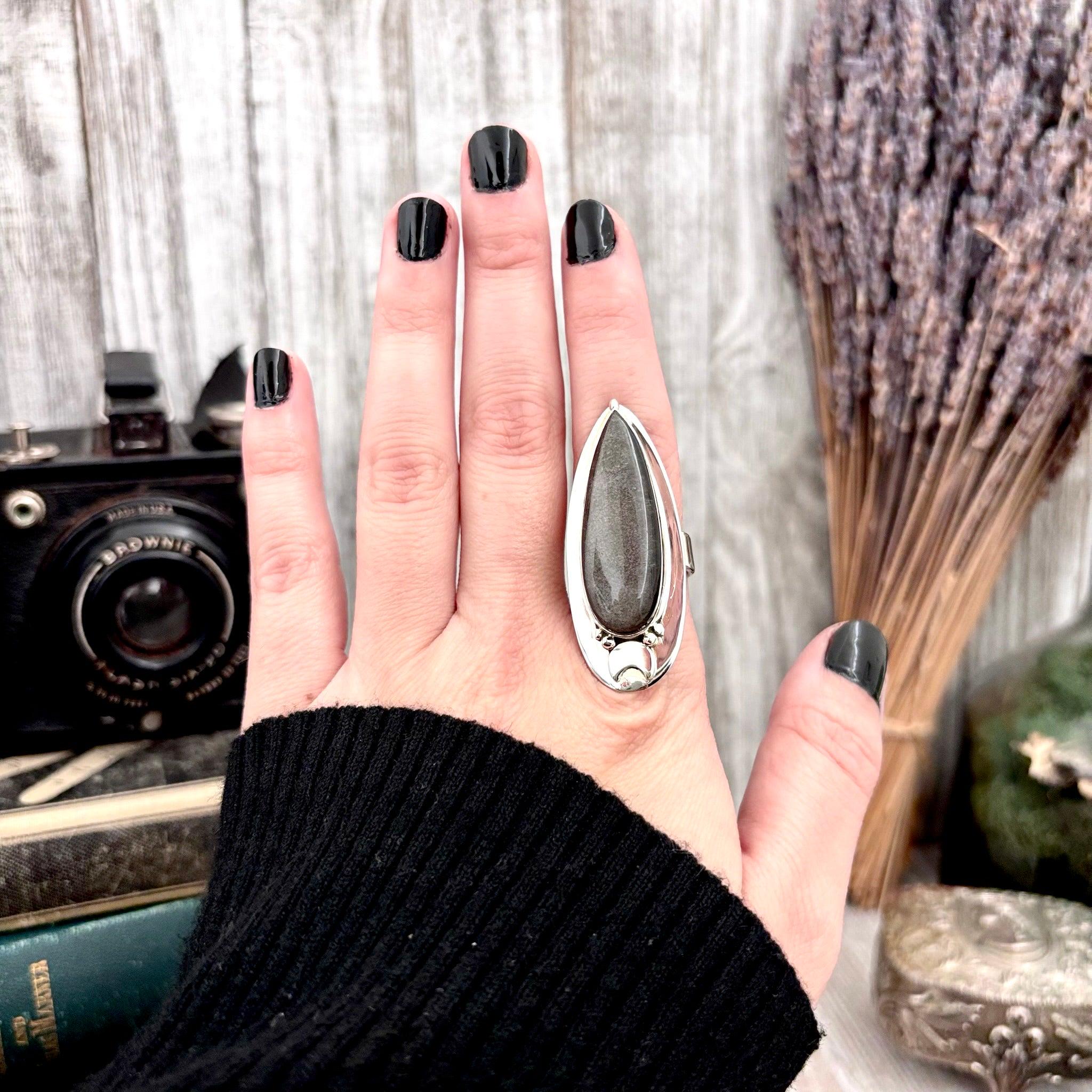 Silver Sheen Obsidian Ring Sterling Silver / Magic Moon Designed By Foxlark Adjustable Size 6 7 8 9 10 / Large Crystal Ring Goth Jewelry
