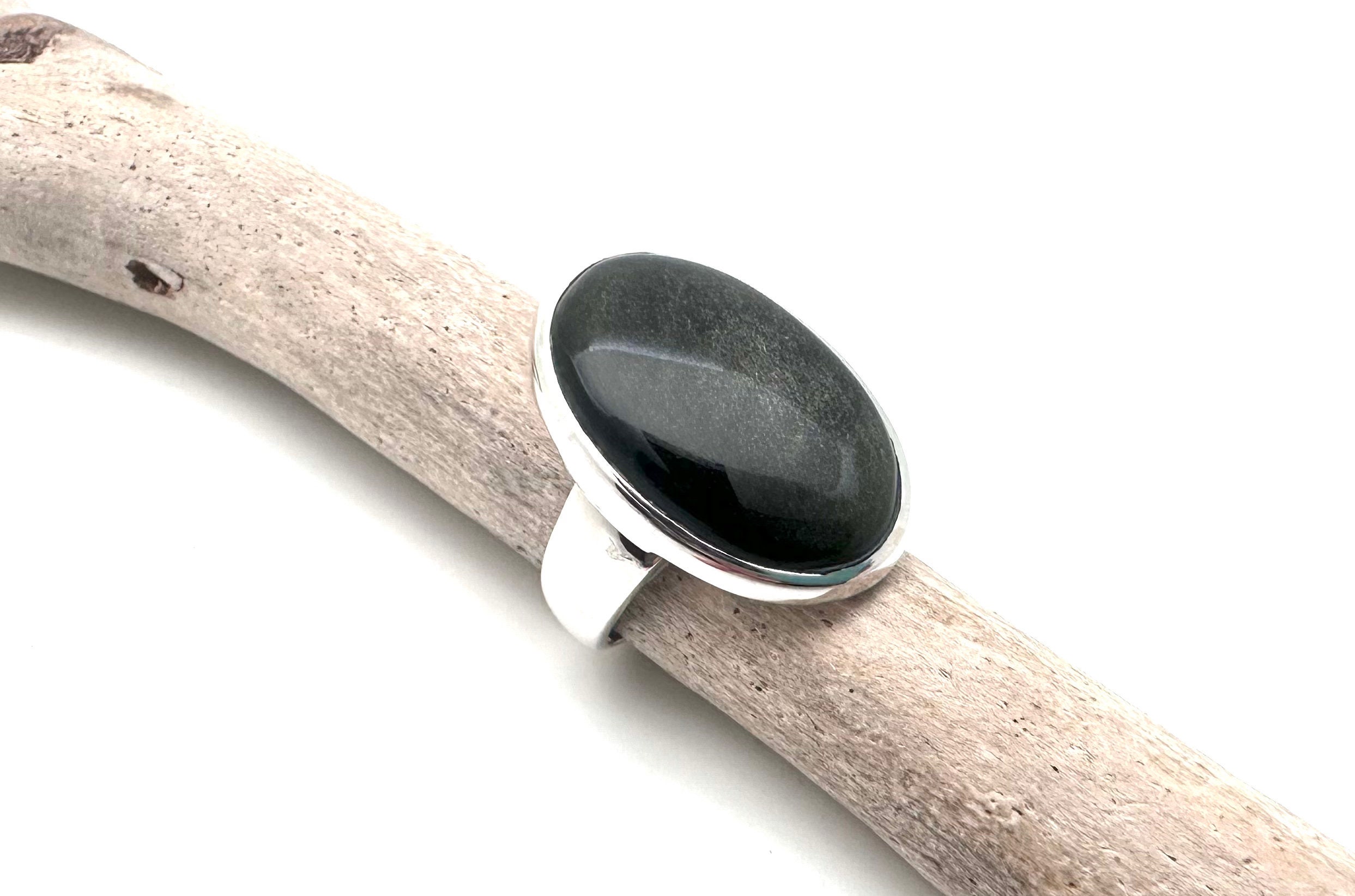 Sterling Silver Moon Phase Obsidian Ring - Size 9