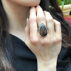 Obsidian Ring, Teardrop Ring, Artistic Ring, Statement Ring, Black Vintage Ring, Flat Ring, Leaf Ring, Volcanic Ring, Solid Silver Ring