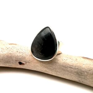 Teardrop Black Obsidian Ring – 925 Sterling Silver, Size 8.5