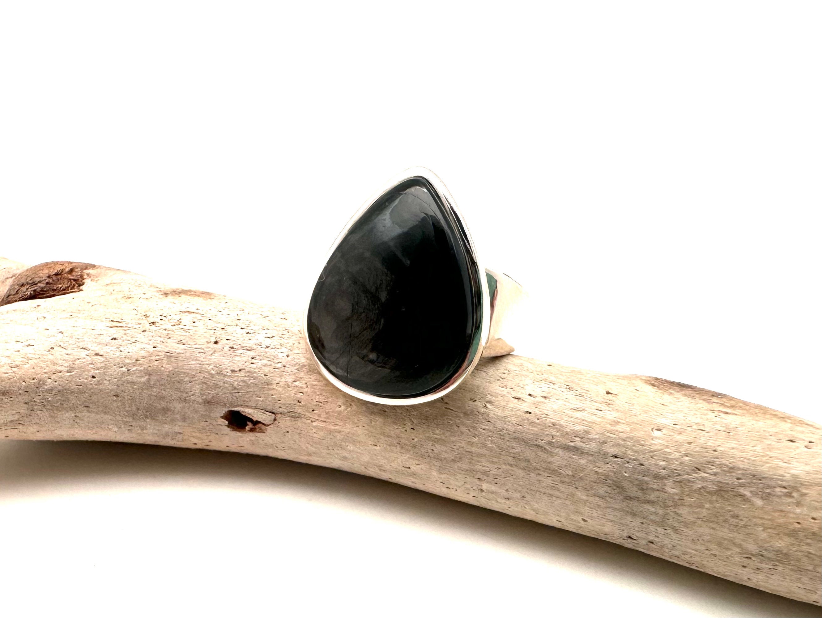 Teardrop Black Obsidian Ring – 925 Sterling Silver, Size 8.5