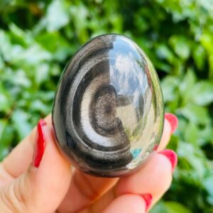 Ringed Silver Sheen Obsidian Egg: Polished Black Crystal (97.1g)