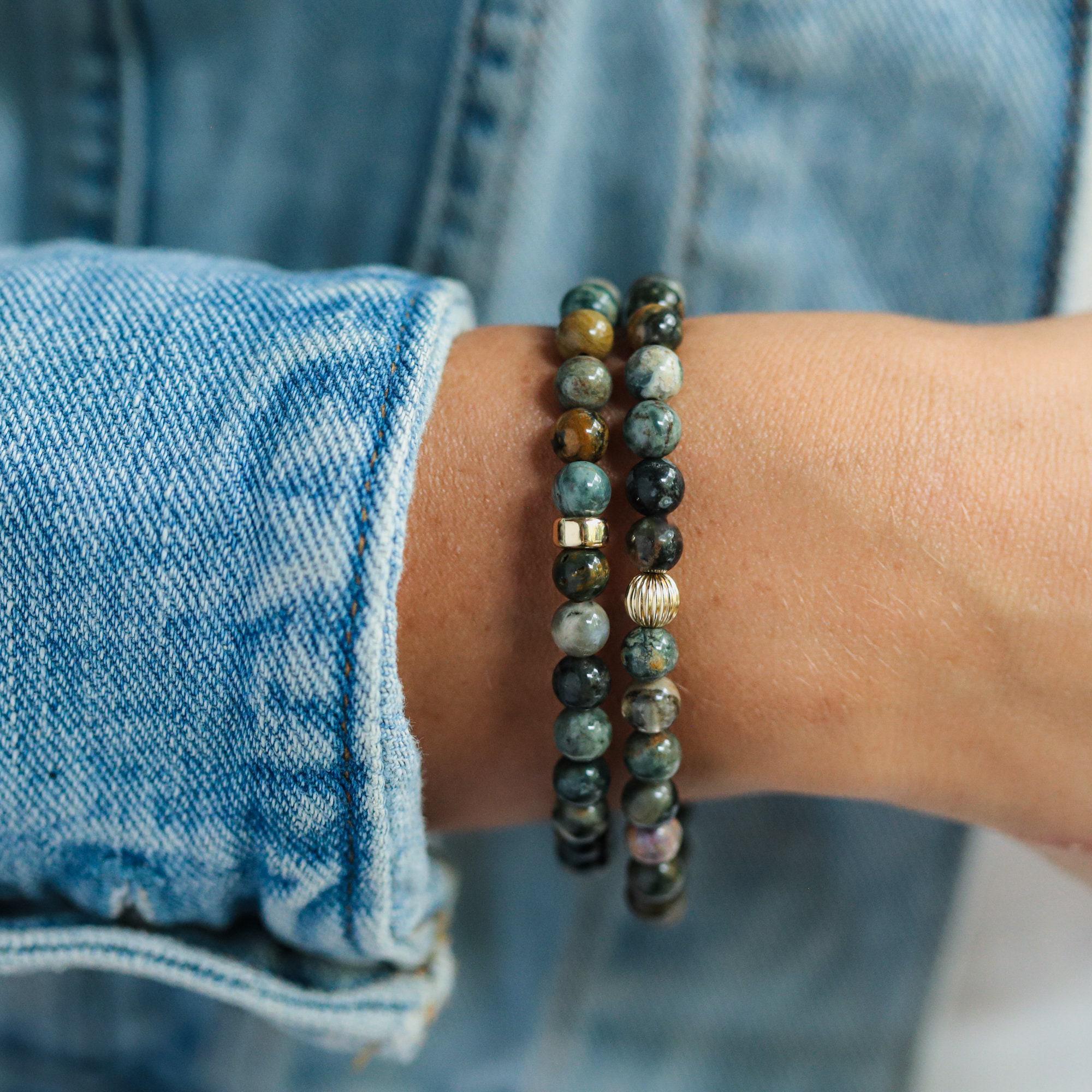 14k Gold Ocean Jasper Bracelet | Genuine Ocean Jasper Bracelet 6mm | [ebom1421] Gold Ocean Jasper Bracelet | Women's Ocean Jasper *bss