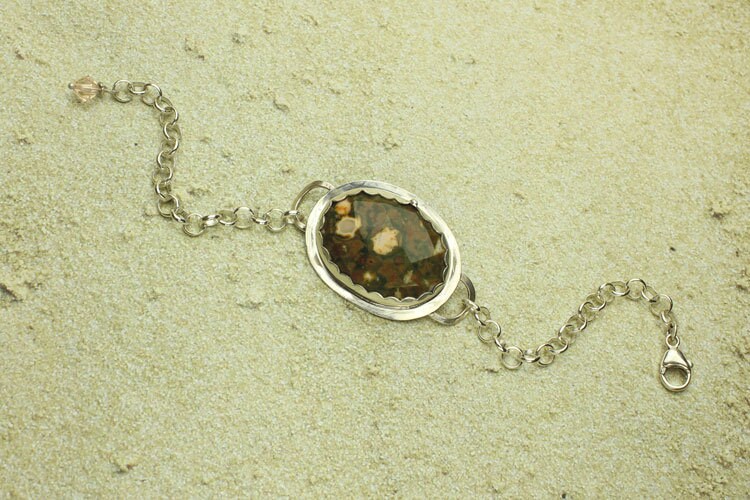 Ocean Jasper Bracelet, Adjustable Sterling Silver Chain Bracelet, Natural Faceted Cabochon