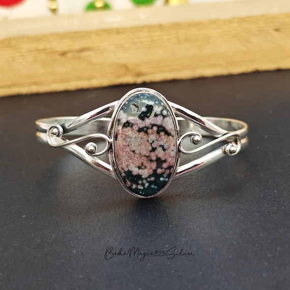Ocean Jasper Bangle: Handmade 925 Sterling Silver Adjustable Bracelet Ocean Jasper Bangle: Handmade 925 Sterling Silver Adjustable Bracelet