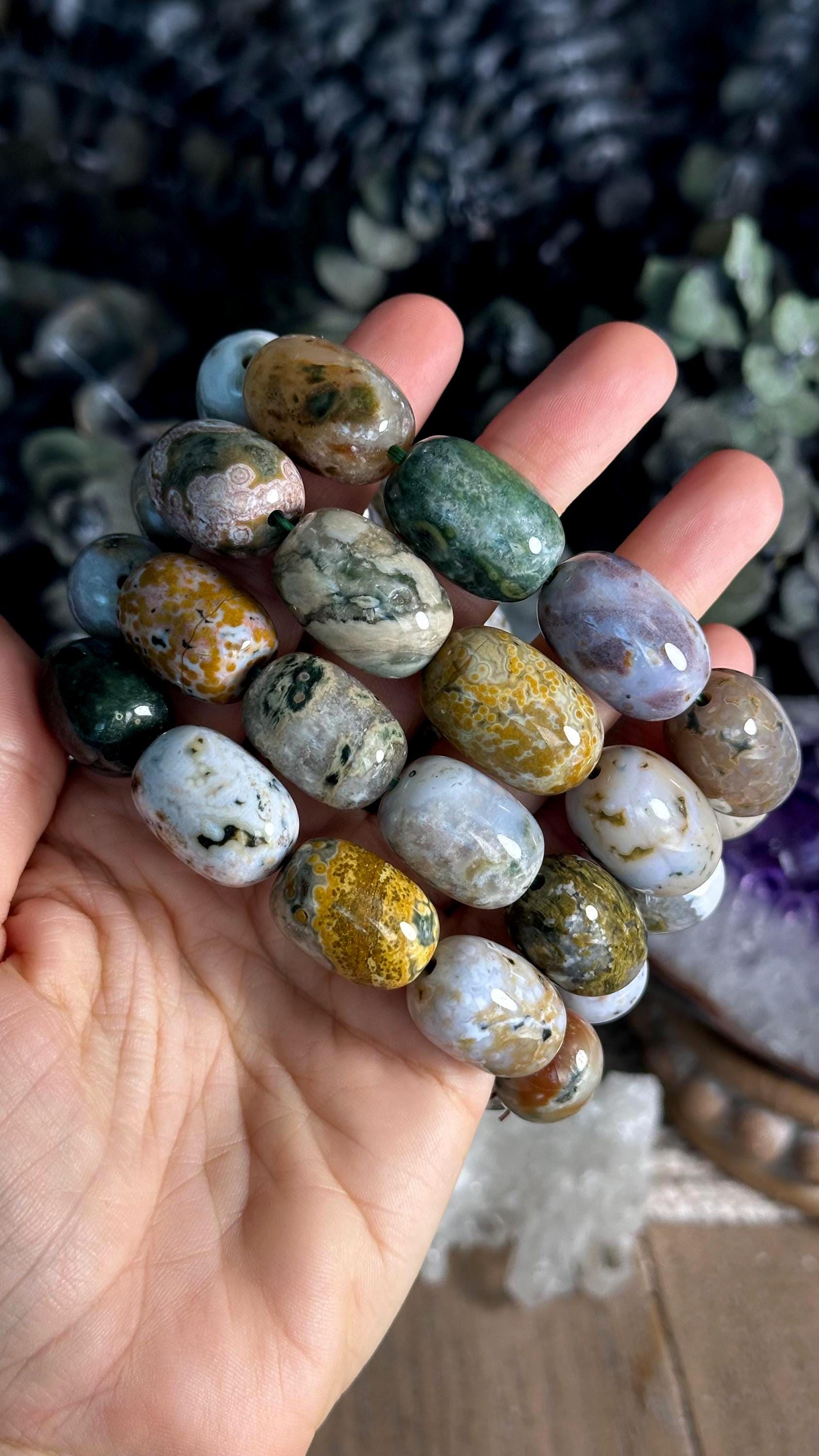 Large Ocean Jasper Bracelet: Barrel Bead Crystal Gemstone Jewelry