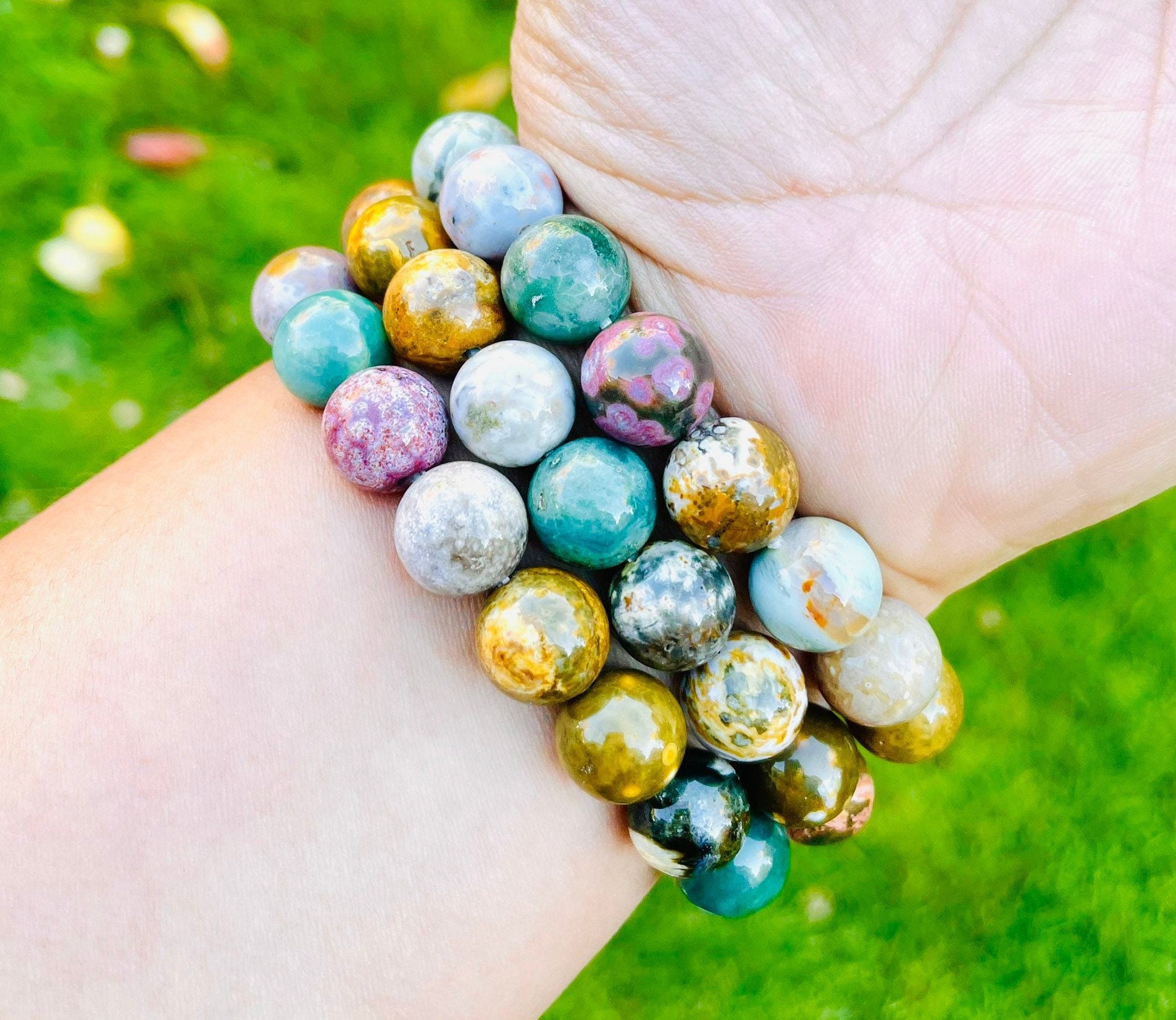 Ocean Jasper Bracelet: Rainbow Gemstone Crystal Beads (8-10mm)