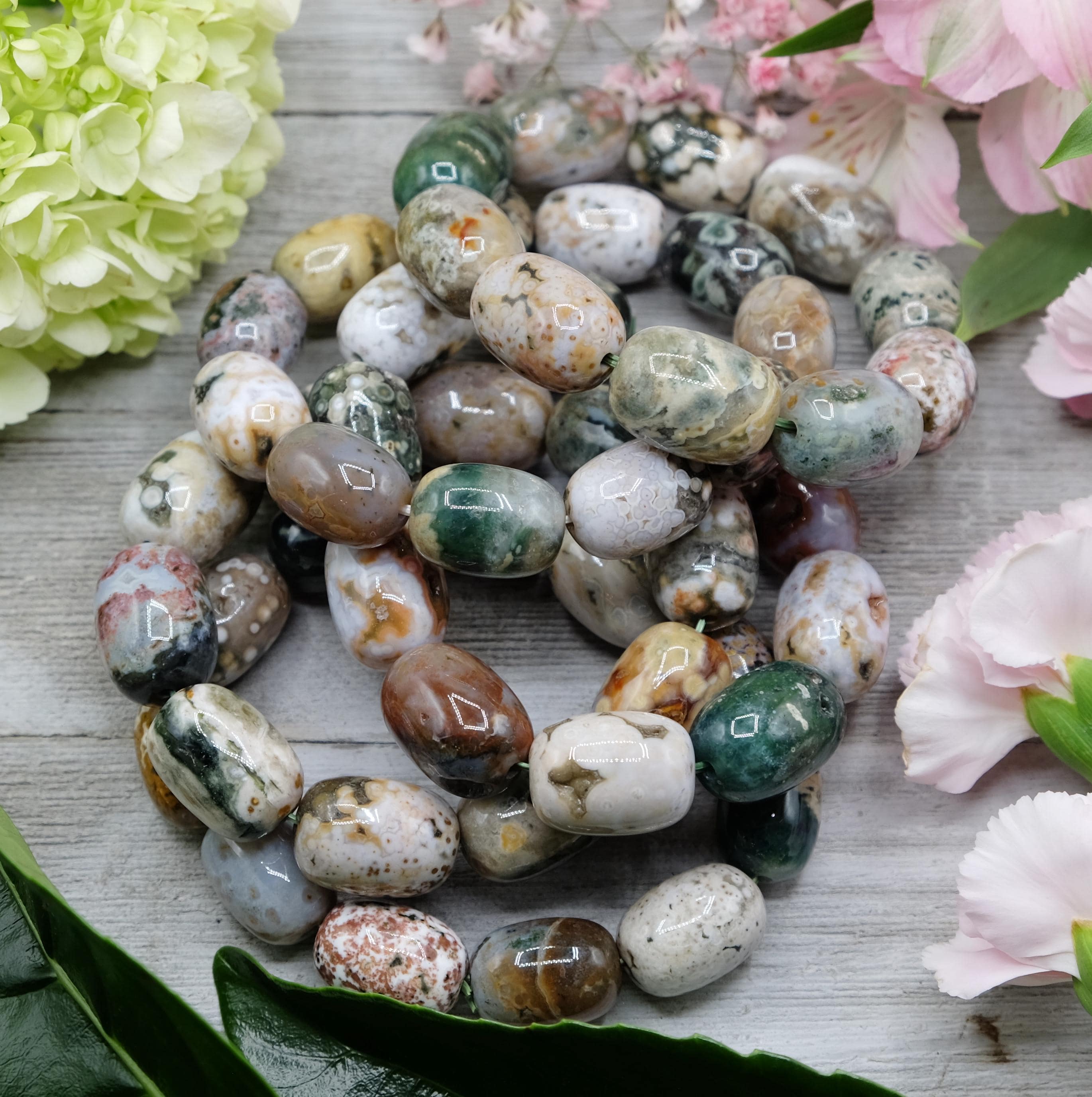 Rare 20x15mm Aaa Orbicular Ocean Jasper With Orbs Barrel Chunky Stretch Bracelet