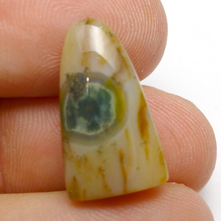 6.415 Carats Ocean Jasper Cabochon Tongue Shaped Quality Hand Cut Designer Form One Of A Kind Green Putty And Cream Striations