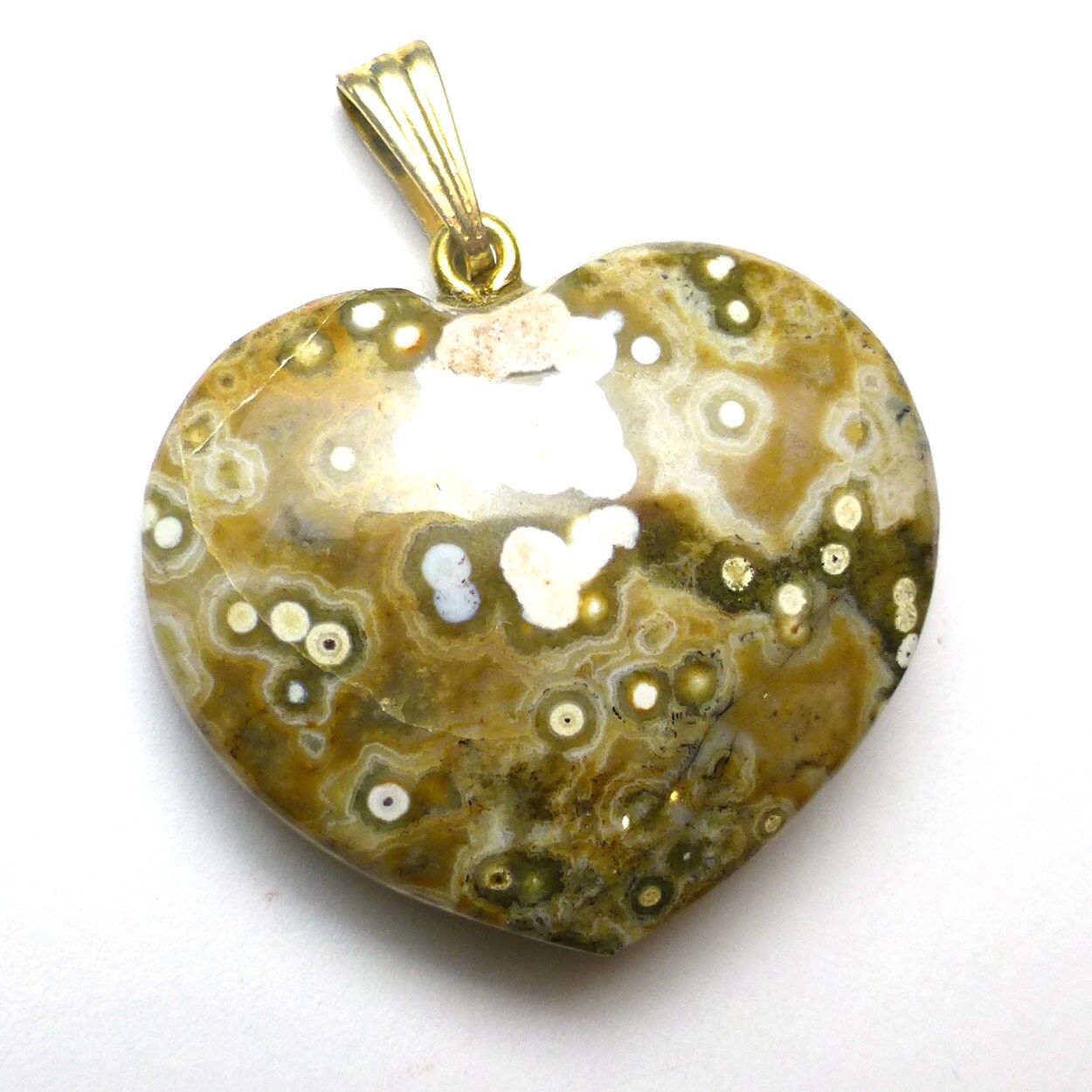 Kabamby Ocean Jasper Focal Bead Cabochon Heart Shaped Hand Cut Designer One Of A Kind Green Cream Ochre Large With Bail Stringing Jewelry