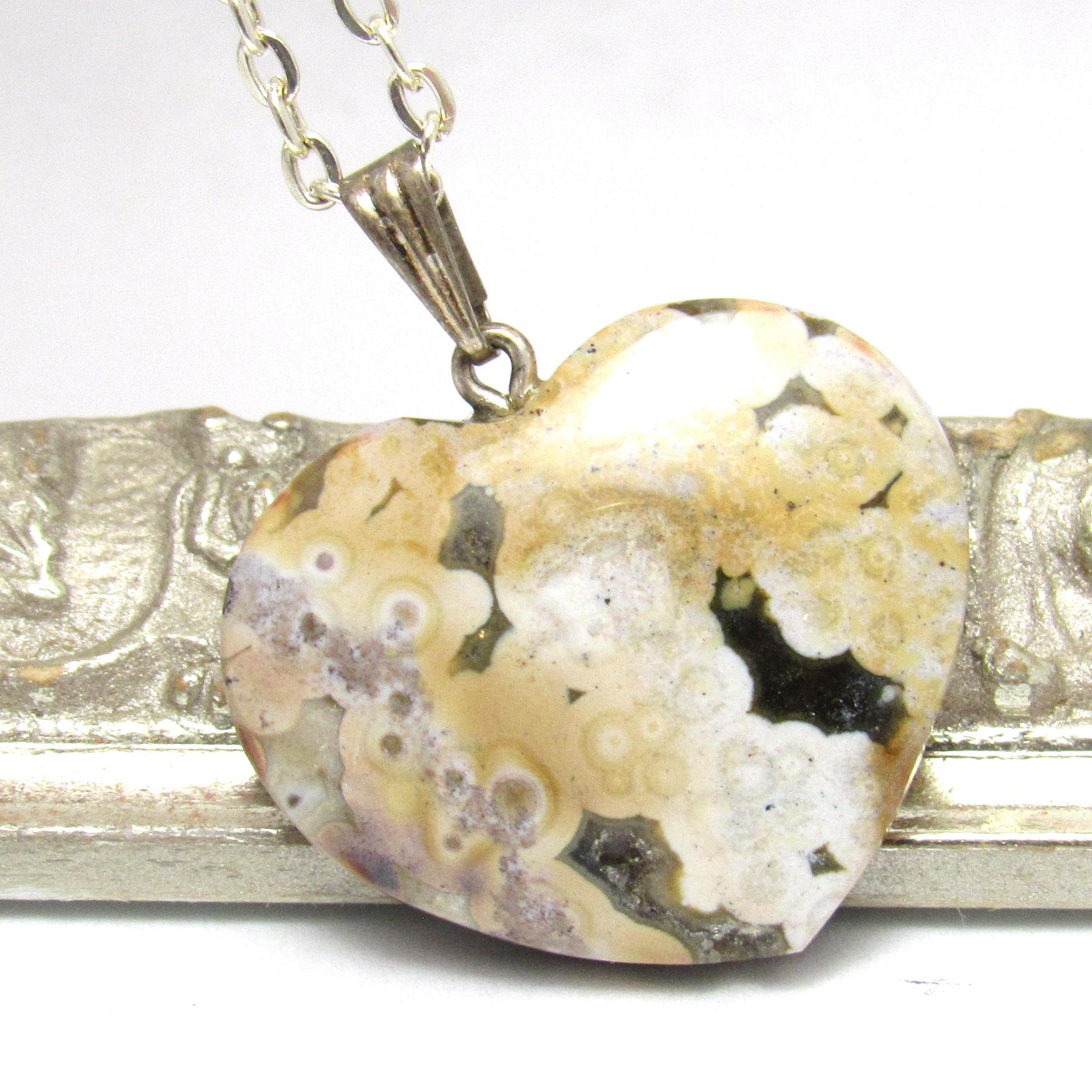 Kabamby Ocean Jasper Focal Bead Heart Pendant Cabochon Designer One Of A Kind Green Cream Ochre With Bail Stringing Jewelry
