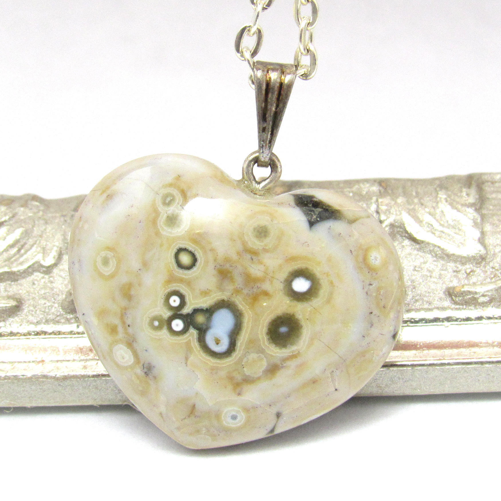 Kabamby Ocean Jasper Focal Bead Heart Pendant Cabochon Designer One Of A Kind Green Cream Ochre With Bail Stringing Jewelry
