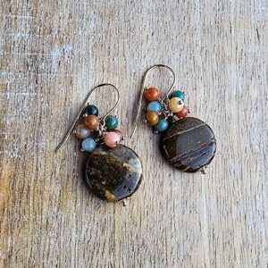 Ocean Jasper Gemstone Earrings Gold, Coin Bead Circle Gemstone Earrings, Earthy Golden Brown Earrings, Colorful Cluster Gemstone Earrings