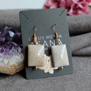 Orbicular Ocean Jasper Dangle Earrings Puffy Rectangle 0.9'' x 0.6'' Gold Plated Ear wires Adaptogenic Stone