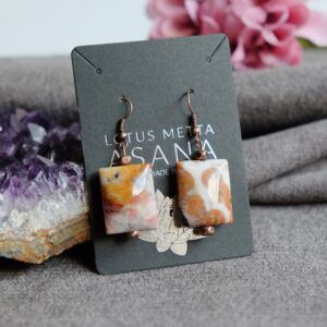 Orbicular Ocean Jasper Dangle Earrings Puffy Rectangle 0.9'' x 0.6'' Antique Copper Ear wires Adaptogenic Stone