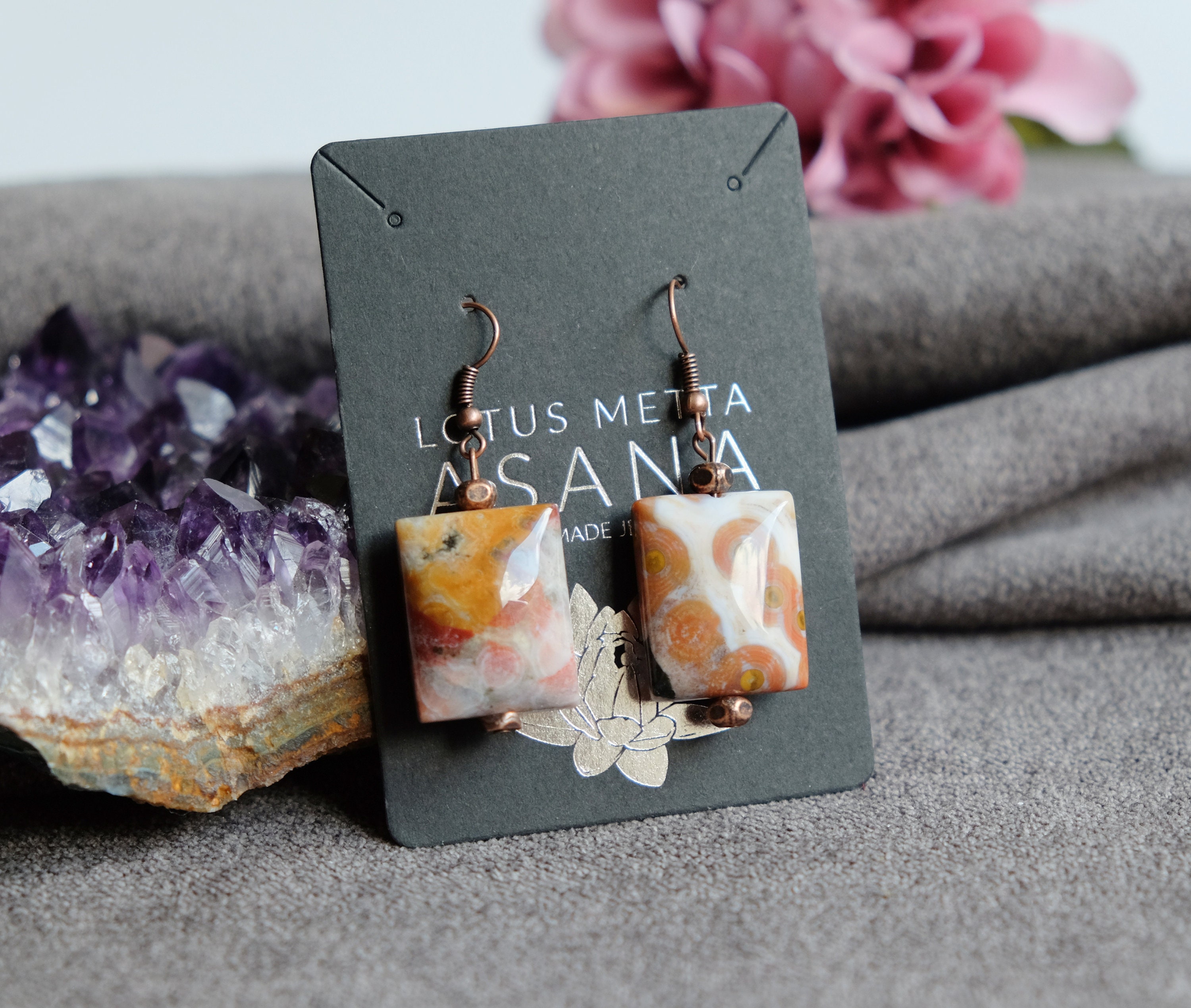 Orbicular Ocean Jasper Dangle Earrings Puffy Rectangle 0.9'' X 0.6'' Antique Copper Ear Wires Adaptogenic Stone