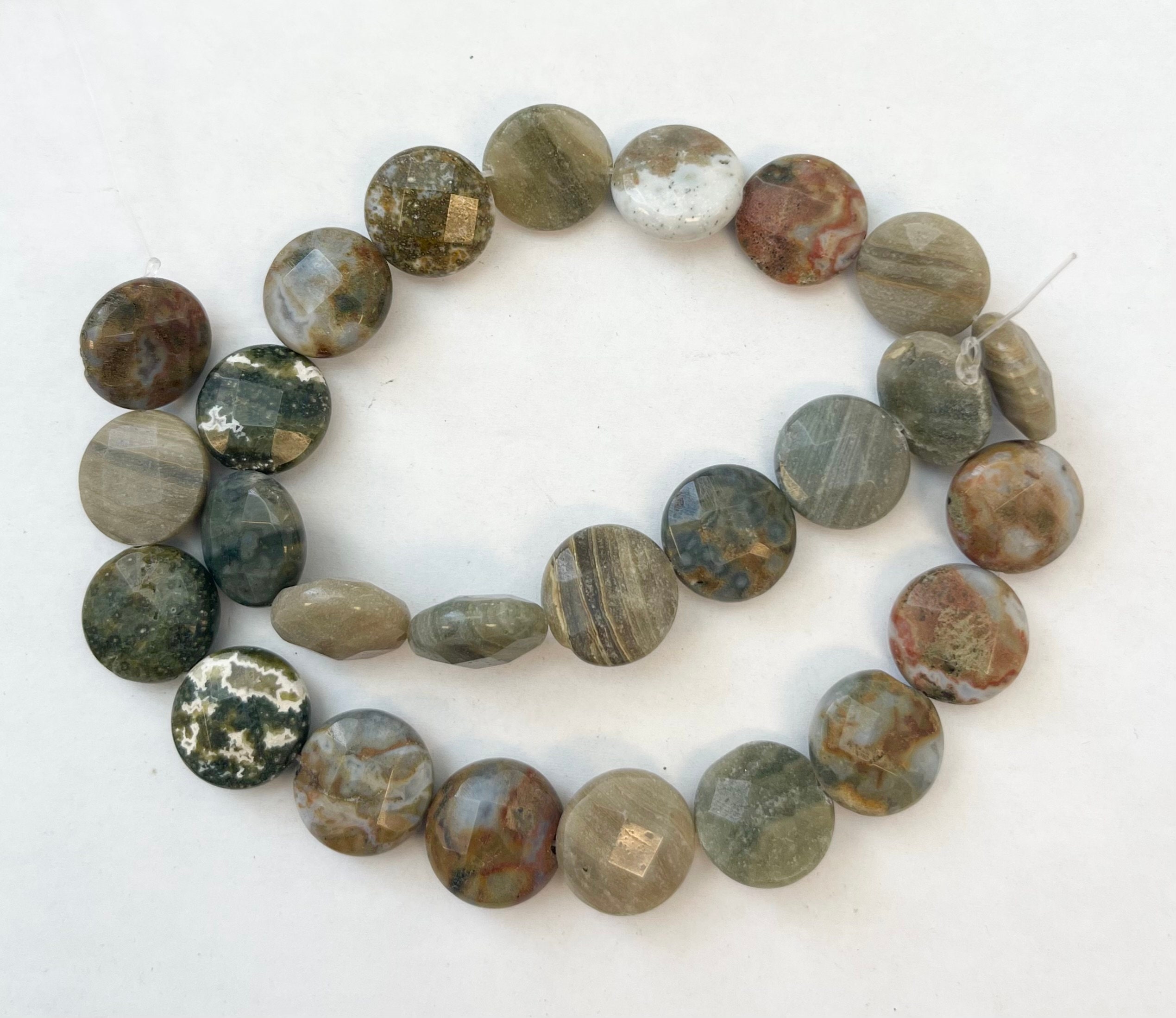 Natural Ocean Jasper 16x6mm Faceted Flat Coin Gemstone Beads--15.5"