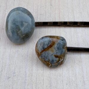 Ocean Jasper Hair Pins, Natural Stone Bobby Pins, Blue Gemstone Hair Clips, Aged Bronze Set of 2