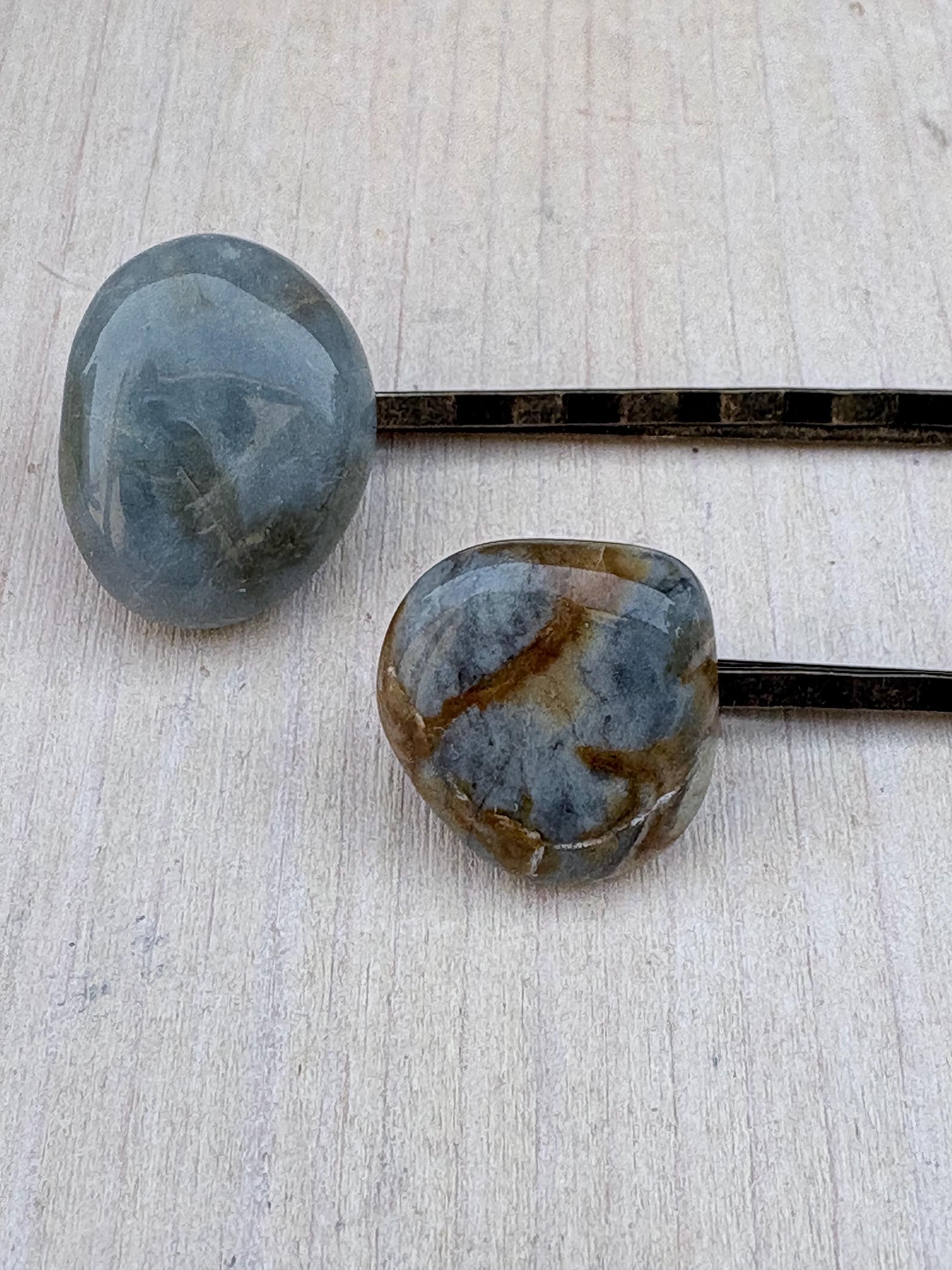Ocean Jasper Hair Pins, Natural Stone Bobby Pins, Blue Gemstone Hair Clips, Aged Bronze Set Of 2 Ocean Jasper Hair Pins, Natural Stone Bobby Pins, Blue Gemstone Hair Clips, Aged Bronze Set Of 2